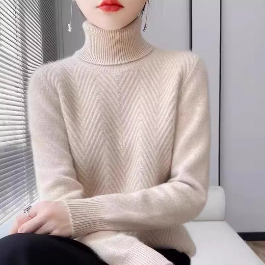 Damen eleganter Strickpullover mit Stehkragen und feiner Rippstruktur Heidi-Mode