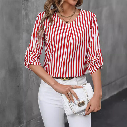 Damen Bluse mit stilvollem Streifenmuster und modernem V-Ausschnitt Heidi-Mode
