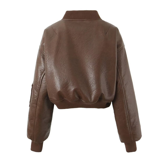 Damen cropped Kunstlederjacke mit Reißverschluss und praktischen Taschen Heidi-Mode