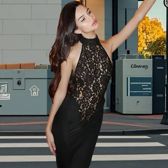 Damen Elegantes Spitzen-Maxikleid mit tiefem V-Ausschnitt und figurbetontem Schnitt Heidi-Mode