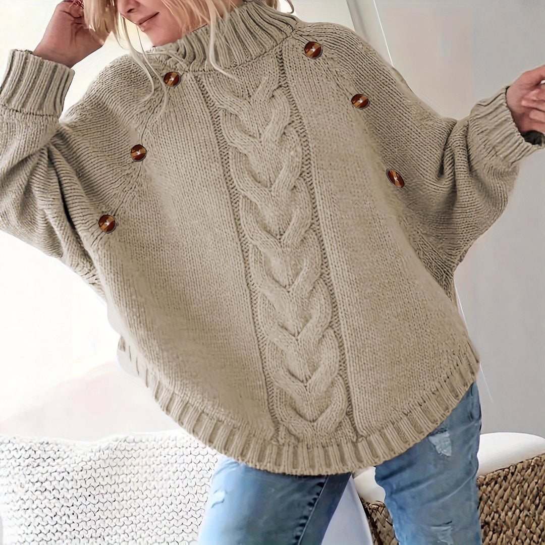 Damen Grobstrickpullover mit hochgeschlossenem Kragen und dekorativen Knöpfen Heidi-Mode