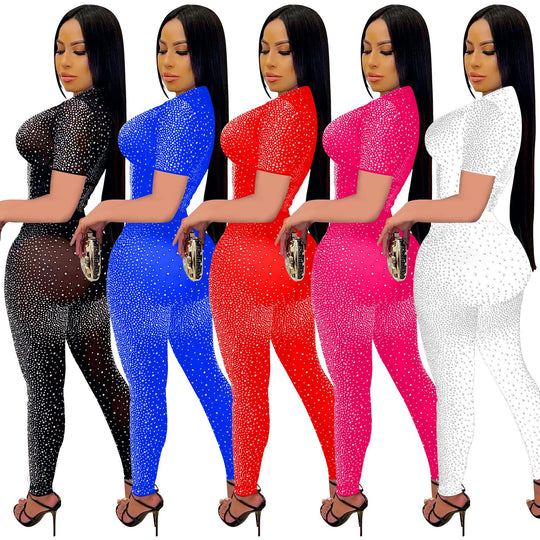 Damen Funkelndes Crop-Top und Leggings Set mit Strassverzierungen Heidi-Mode
