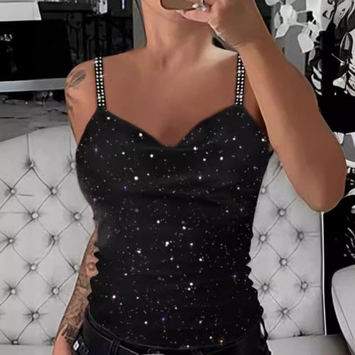 Damen Oberteil mit funkelndem Galaxie-Design und eleganten Spaghetti-Trägern Heidi-Mode