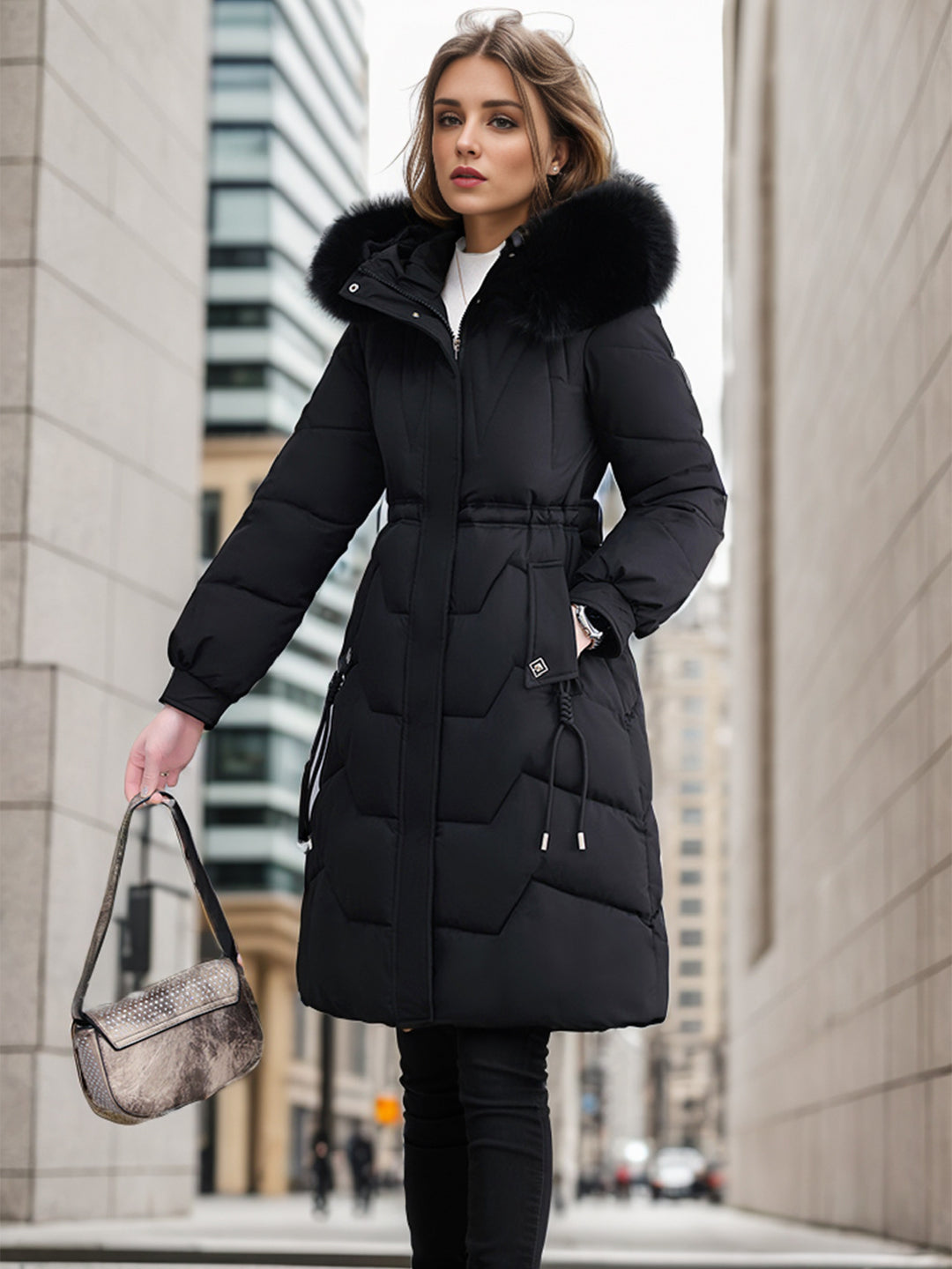 Damen eleganter und isolierter Wintermantel mit abnehmbarem Kunstfellkragen Heidi-Mode