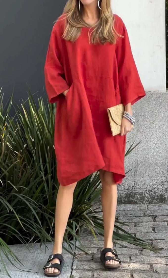 Damen lässiges Leinenkleid mit praktischen Taschen und asymmetrischem Saum Heidi-Mode