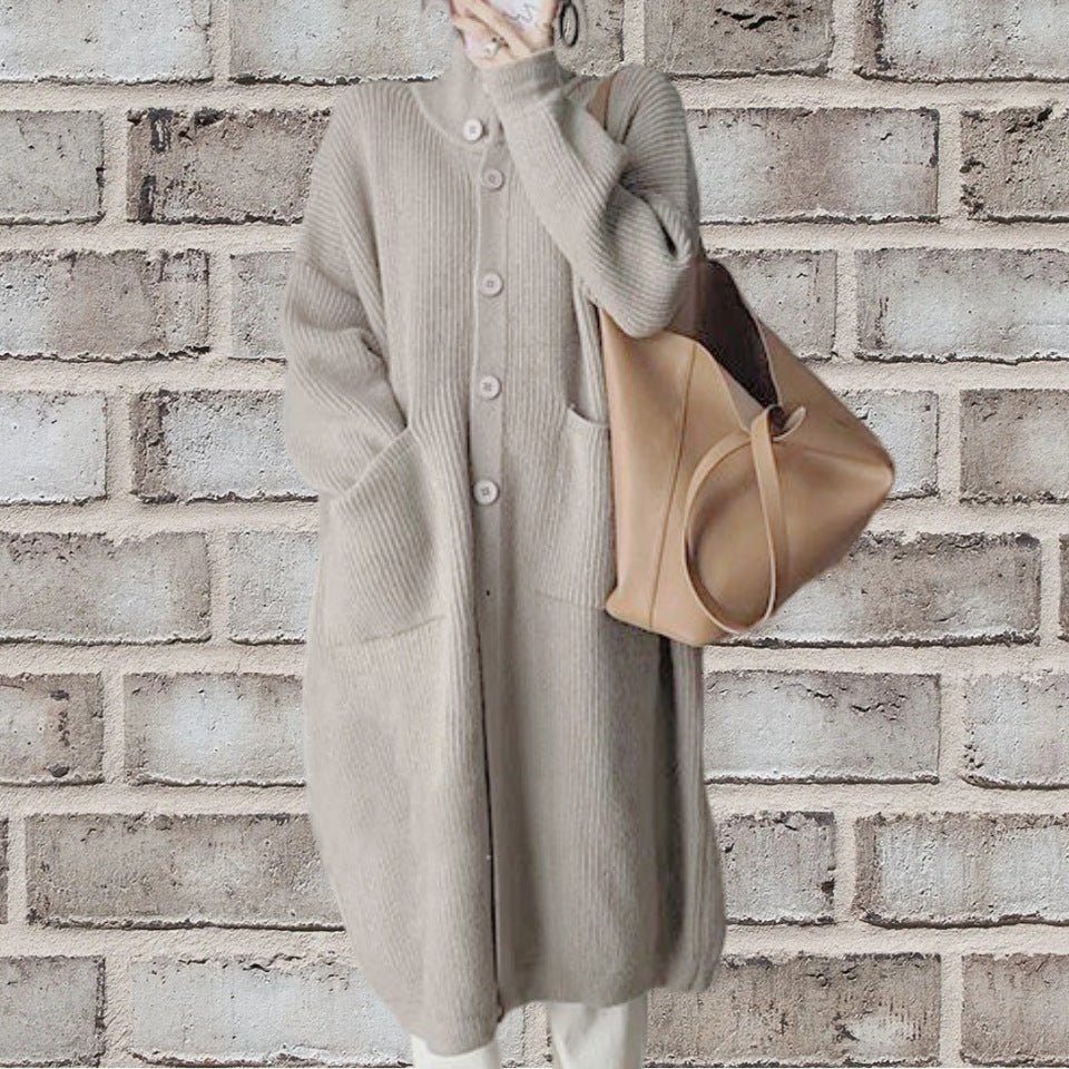 Damen Länger geschnittener Strickcardigan mit Knopfverschluss und aufgesetzten Taschen Heidi-Mode