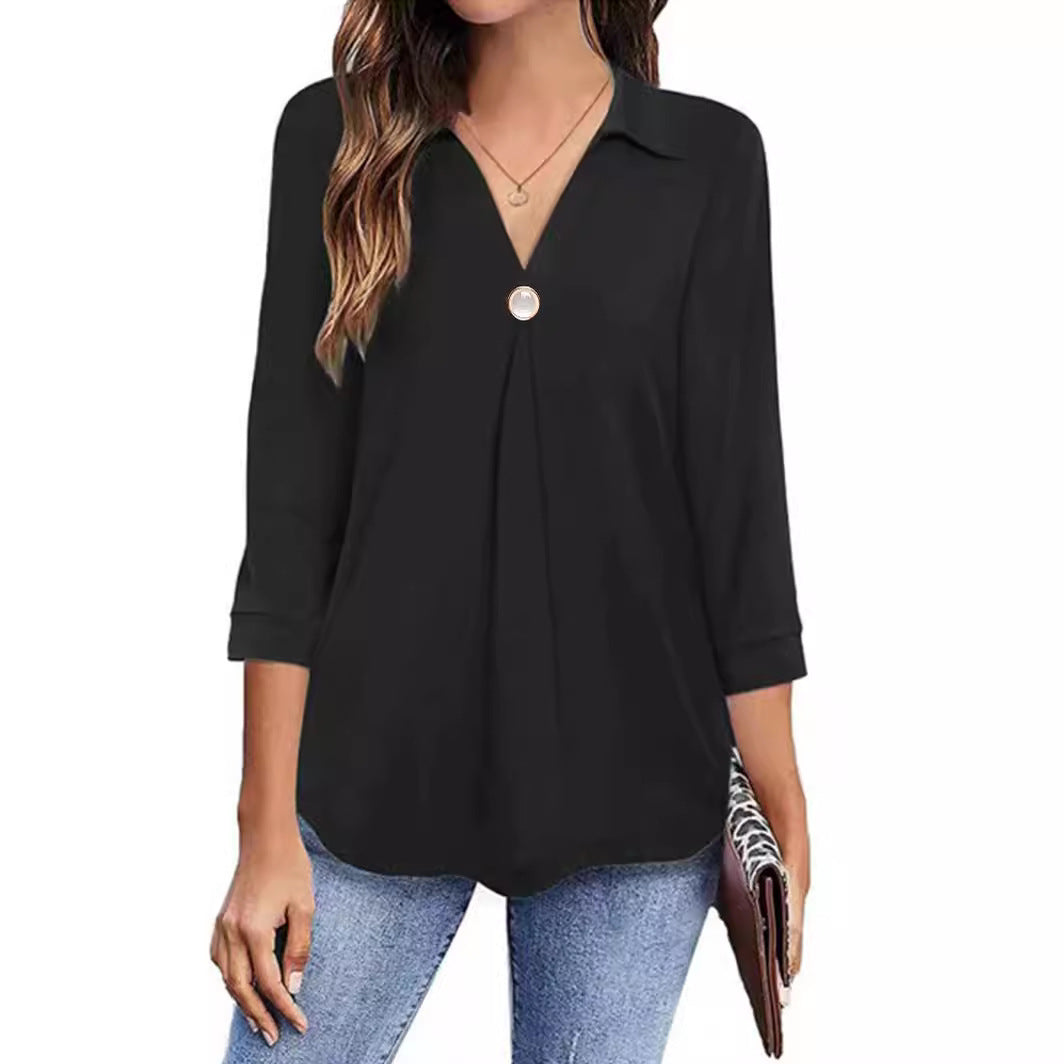 Damen Langarm Bluse mit elegantem V-Ausschnitt und dekorativen Falten Heidi-Mode