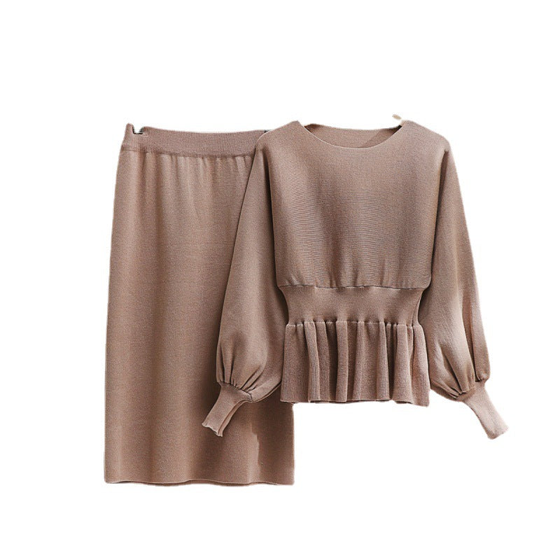 Damen elegantes Strickensemble mit Raffung und Ballonärmeln Heidi-Mode