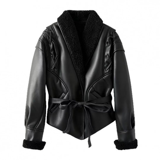 Damen Kunstlederjacke mit warmem Teddyfutter und eleganten Schnürdetails Heidi-Mode