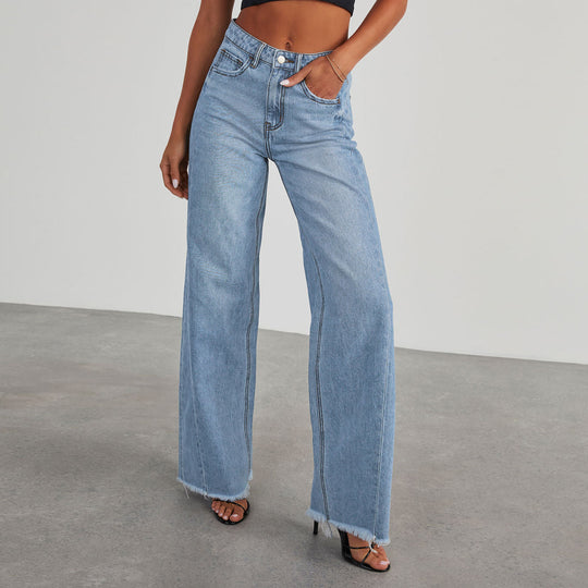 Damen Weite Jeans im lässigen Vintage-Stil mit fransigem Saum Heidi-Mode
