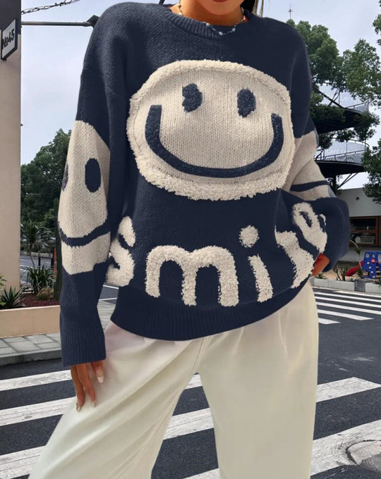 Damen Strickpullover mit fröhlichem Emoji-Motiv und komfortablem Schnitt Heidi-Mode