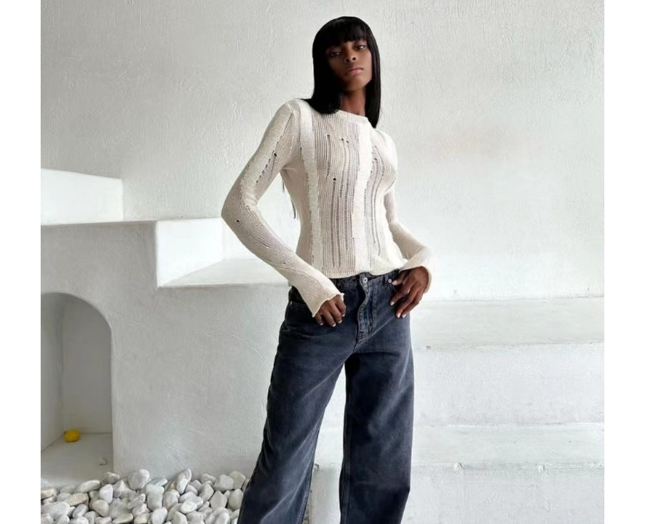 Damen modisches Strickoberteil mit elegantem Knoten und schmalen Ärmeln Heidi-Mode