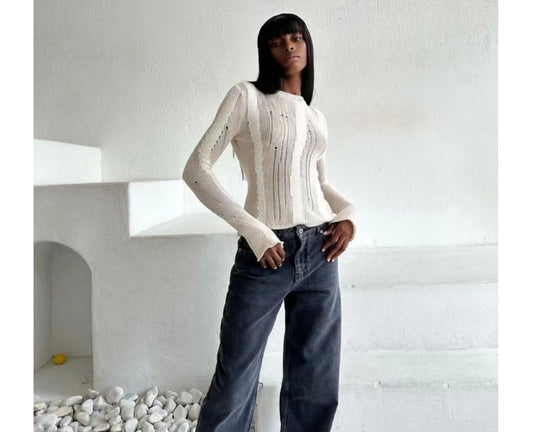 Damen modisches Strickoberteil mit elegantem Knoten und schmalen Ärmeln Heidi-Mode