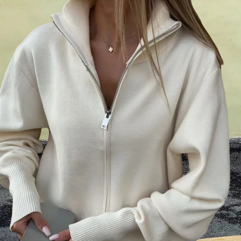 Damen Sportlicher Strickpullover mit hohem Kragen und Reißverschluss Heidi-Mode