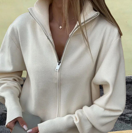 Damen Sportlicher Strickpullover mit hohem Kragen und Reißverschluss Heidi-Mode