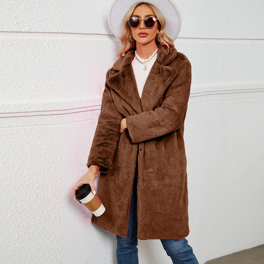 Damen Eleganter Kunstpelzmantel mit tiefem Kragen Heidi-Mode