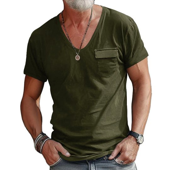 Herren T-Shirt mit V-Ausschnitt und praktischer Brusttasche Heidi-Mode