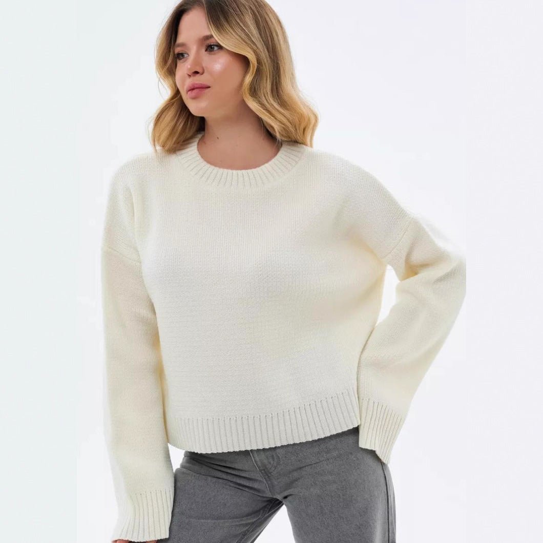 Damen gemütlicher Cropped-Pullover mit lässigen Ballonärmel und Rippstruktur Heidi-Mode