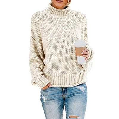 Damen Grobstrick Pullover mit Stehkragen und voluminösen Ärmeln Heidi-Mode