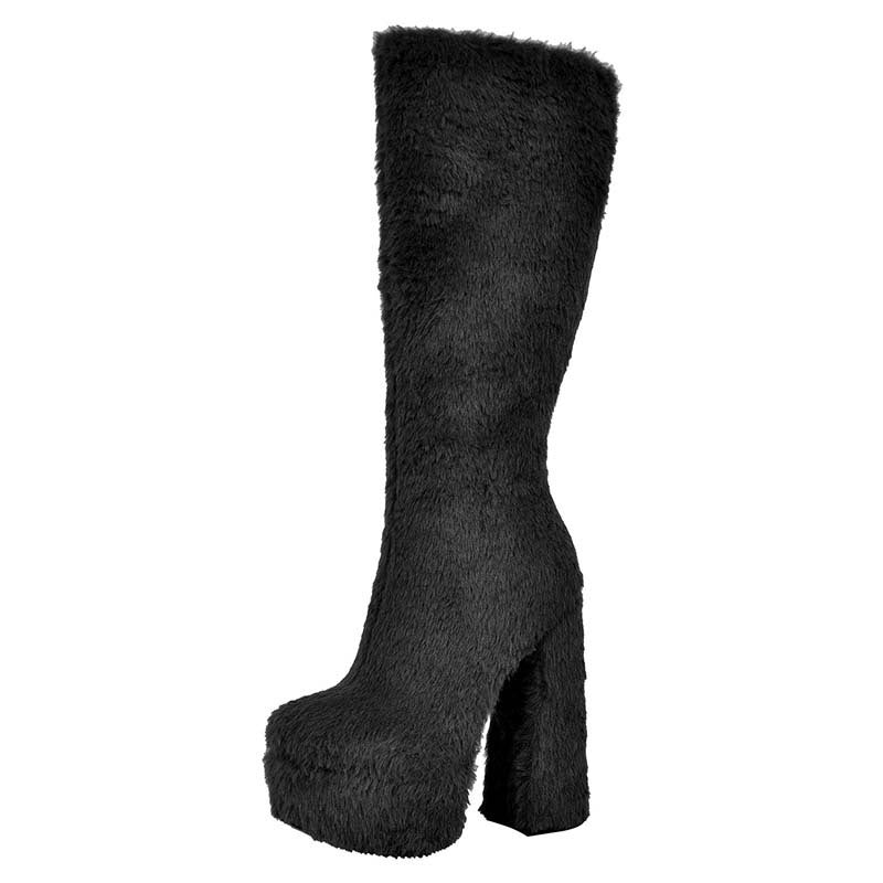 Damen Über-Knie Schuhe mit Pelzbesatz und Plattform Heidi-Mode