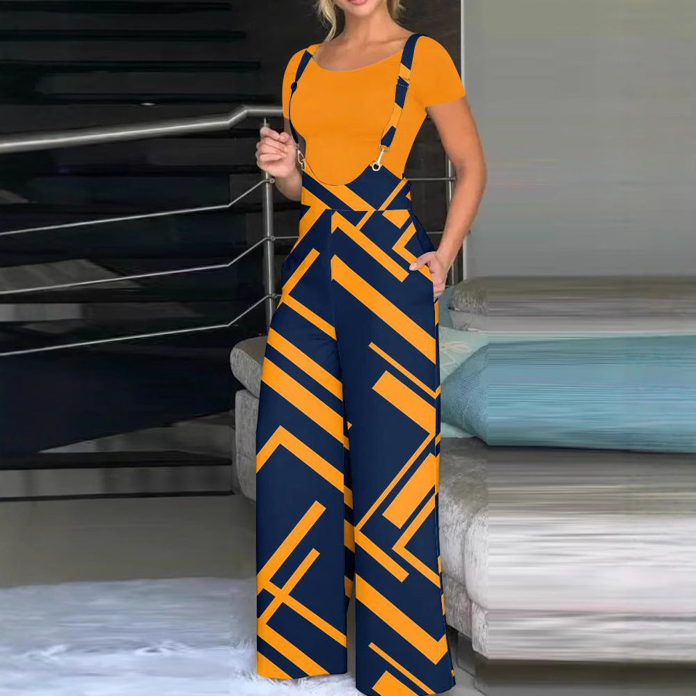 Damen modische Latzhose mit weitem Bein und buntem Grafikdesign Heidi-Mode
