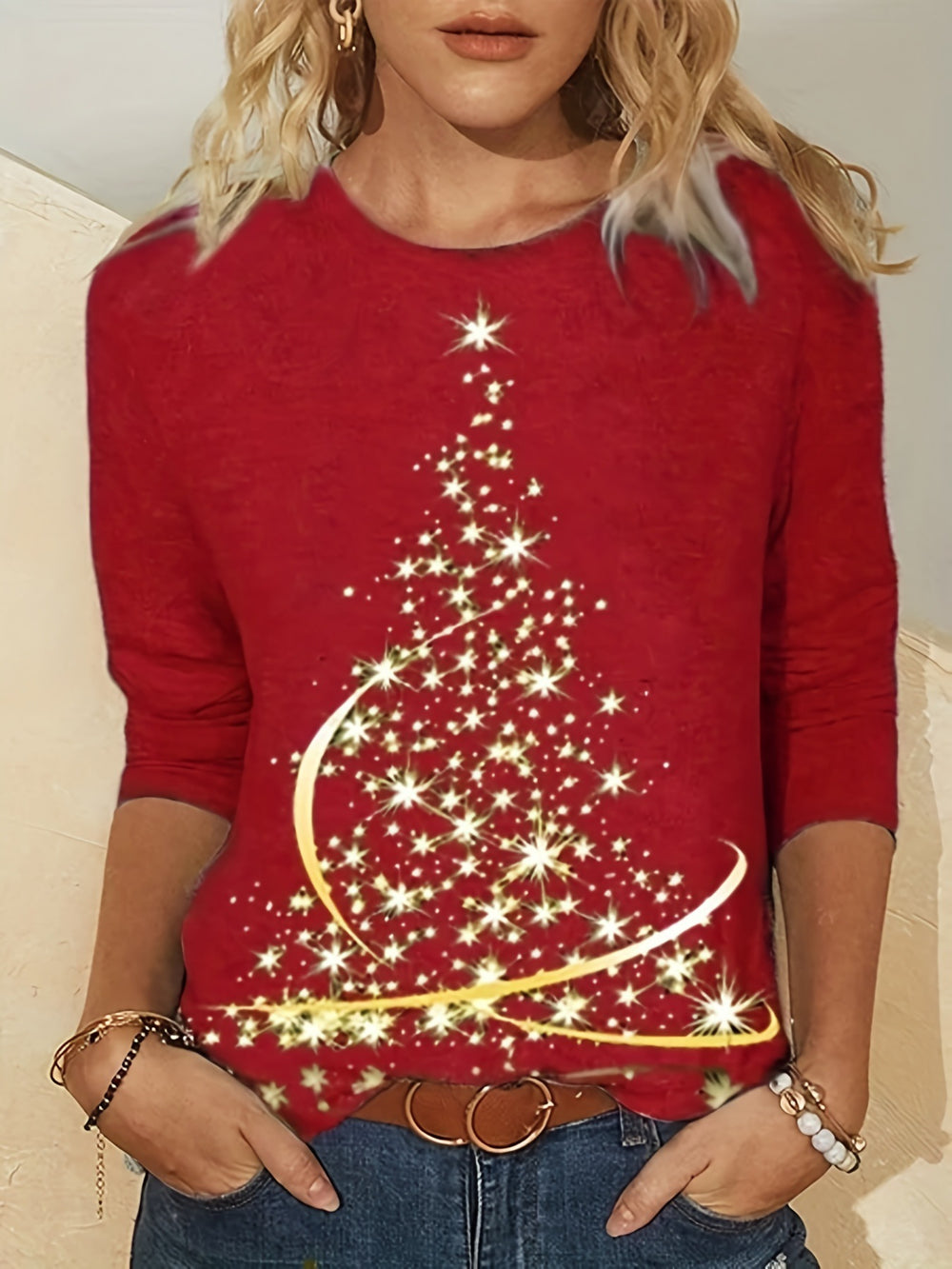Damen lässiges Langarmshirt mit festlichem Weihnachtsbaumdesign Heidi-Mode