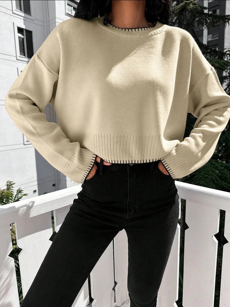 Damen lässiger Cropped Pullover mit feiner Rippstruktur und elastischem Bund Heidi-Mode