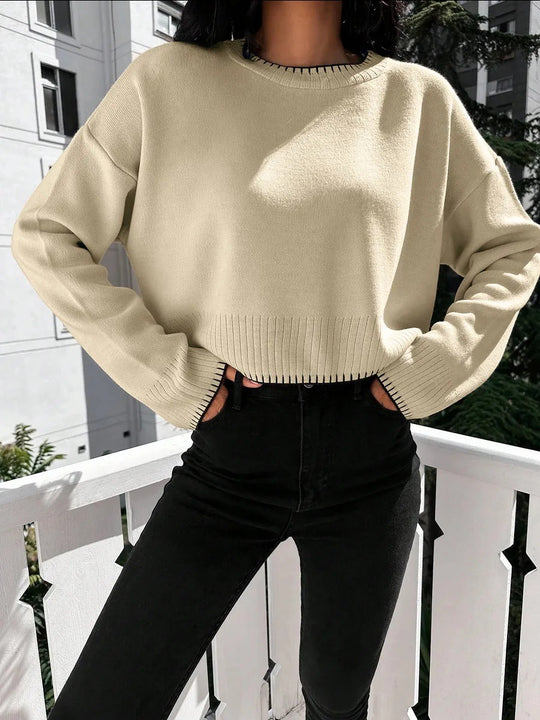 Damen lässiger Cropped Pullover mit feiner Rippstruktur und elastischem Bund Heidi-Mode