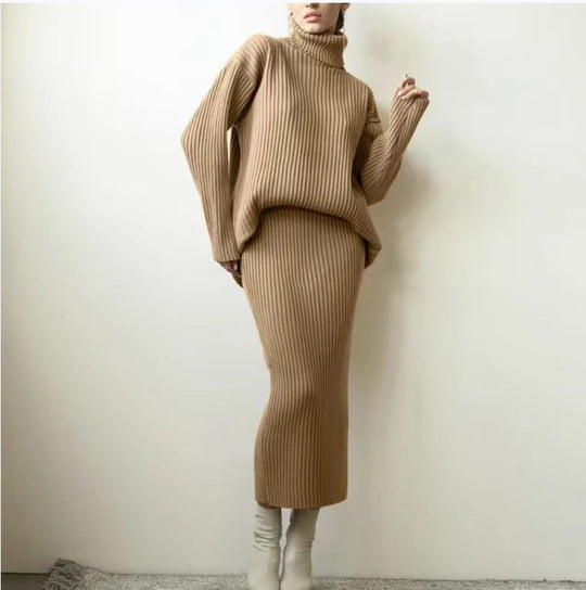 Damen Strickset mit hohem Kragen und weichem Rippdesign Heidi-Mode