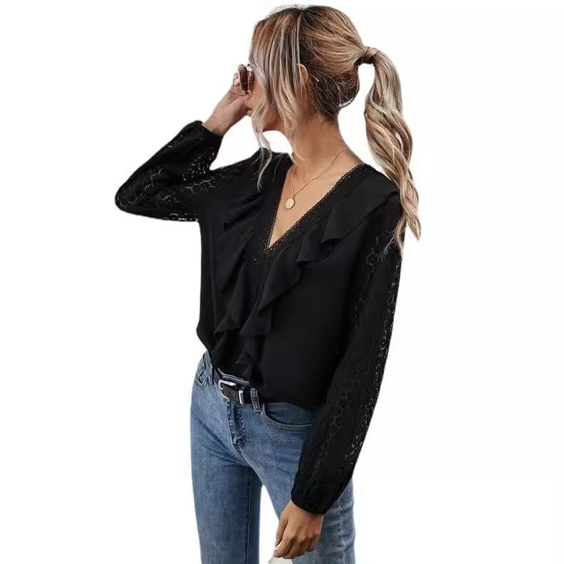 Damen Rüschenbluse mit transparenten Ärmeln und feinen Spitzenakzenten Heidi-Mode