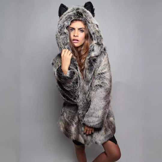 Damen Kuscheliger Kunstfell-Mantel mit Kapuze und Ohren Heidi-Mode