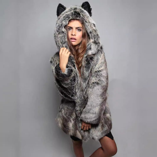 Damen Kuscheliger Kunstfell-Mantel mit Kapuze und Ohren Heidi-Mode