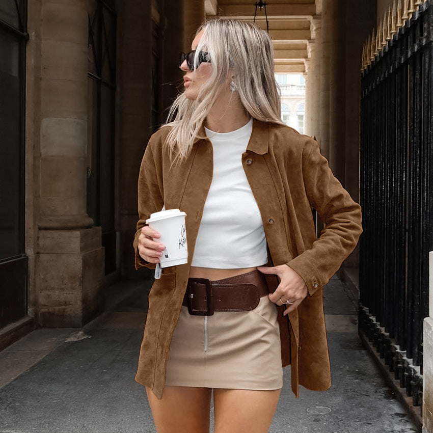 Damen Modische Wildlederjacke mit Druckknopfverschluss und praktischen Taschen Heidi-Mode