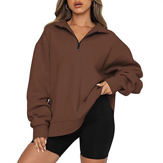Damen modischer Oversized Pullover mit kurzem Reißverschluss und lässigen Ärmeln Heidi-Mode