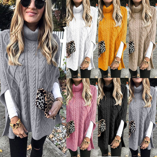 Damen Strickponcho mit hochschließendem Kragen und klassischem Kabelmuster Heidi-Mode