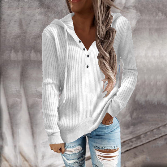 Damen Kapuzenpullover mit feinem Rippstrick und Knopfleiste Heidi-Mode