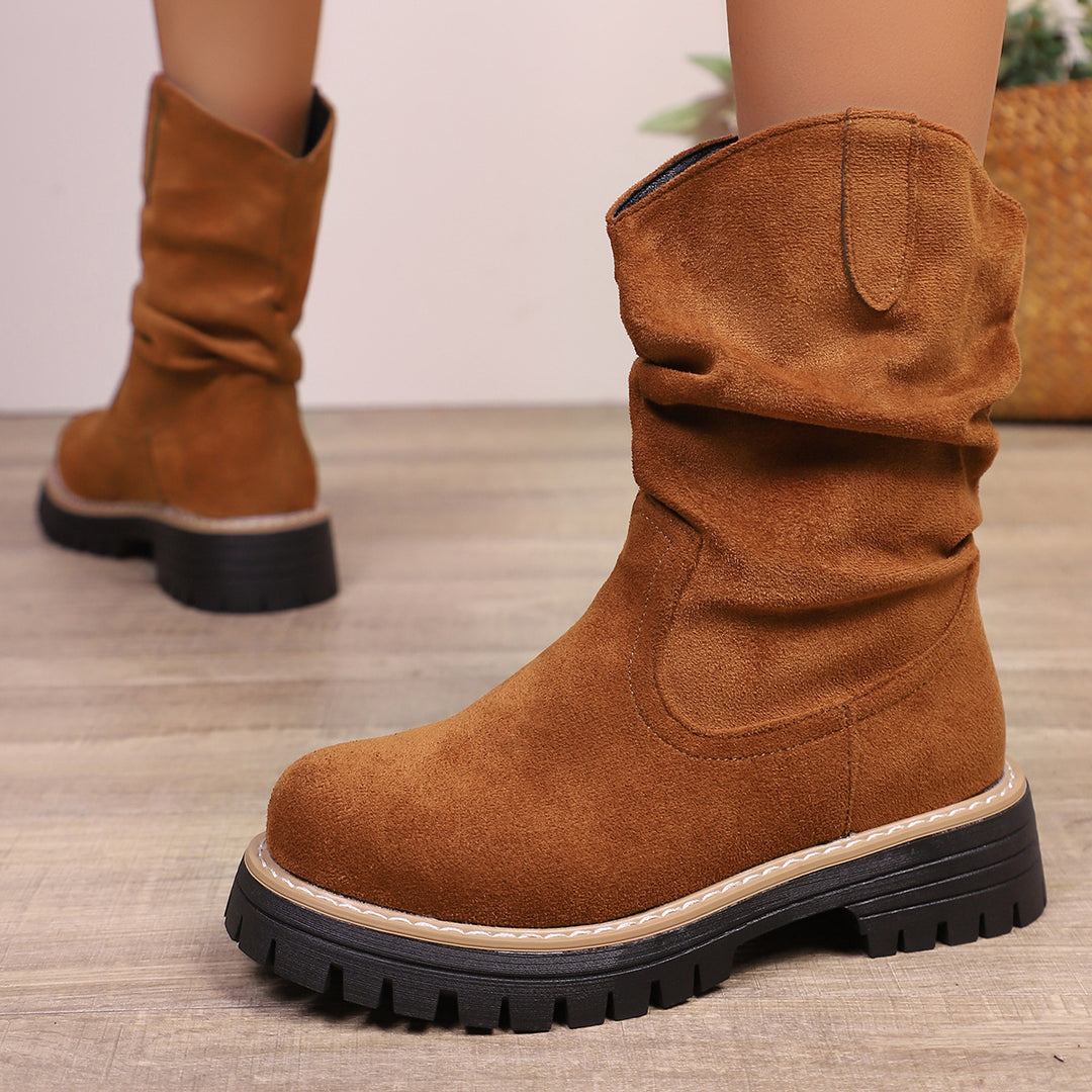 Damen weiche Wildleder-Stiefel mit lässigem Faltenlook und robuster Profilsohle Heidi-Mode