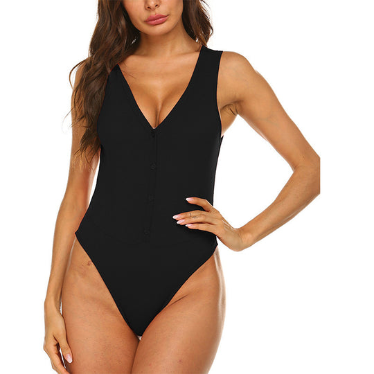 Damen Bodysuit mit tiefem V-Ausschnitt und Knopfdetails Heidi-Mode
