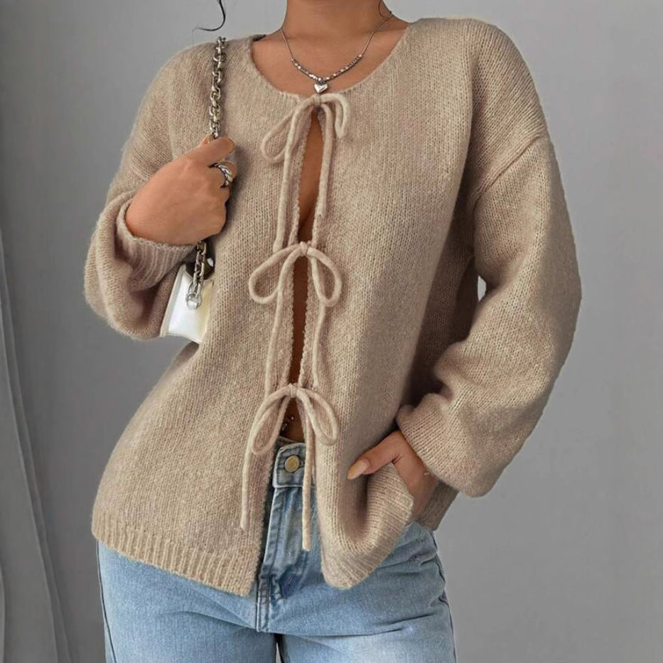 Damen Oversized Strickpullover mit dekorativem Schnürdetail Heidi-Mode