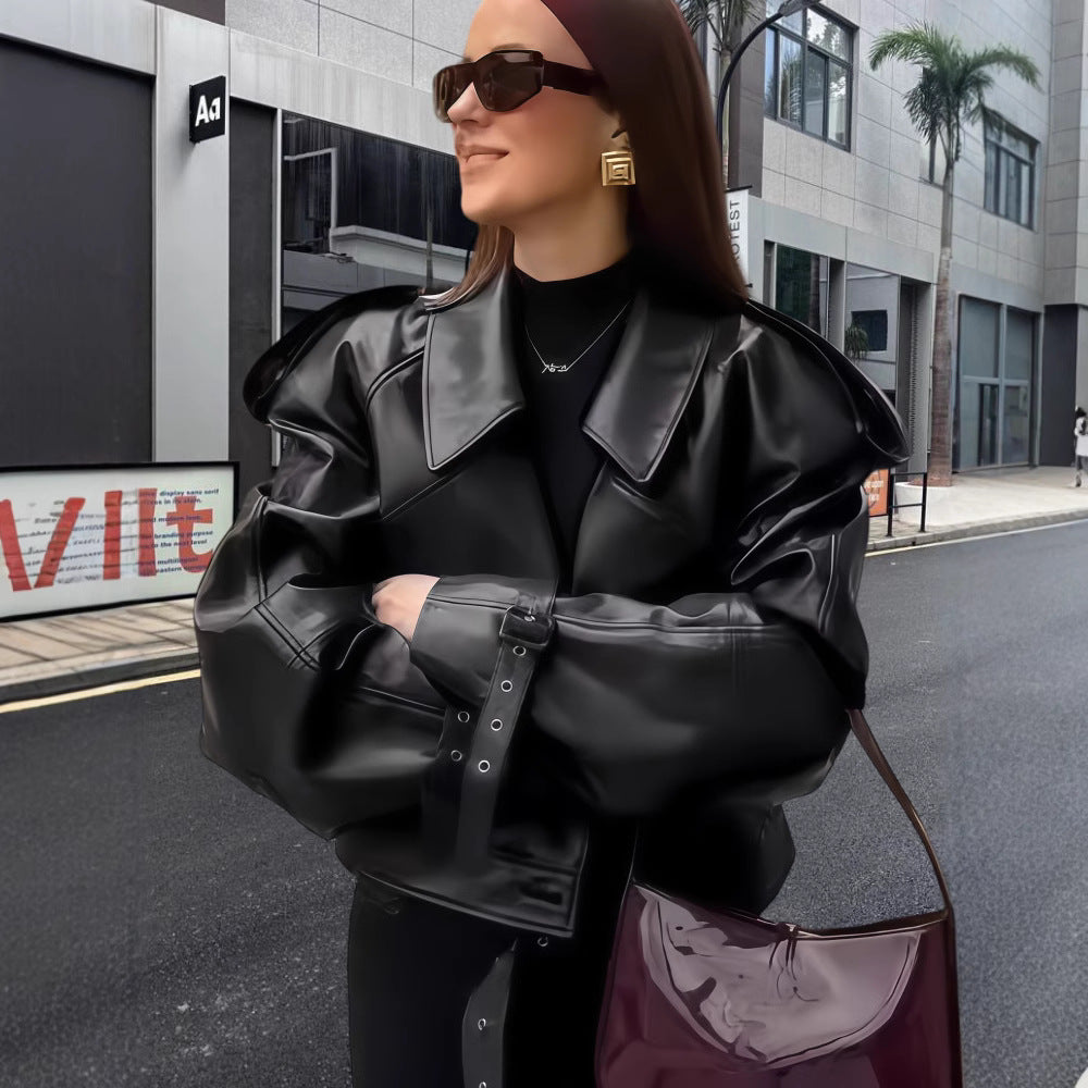 Damen oversized Kunstlederjacke mit statement-Manschetten Heidi-Mode