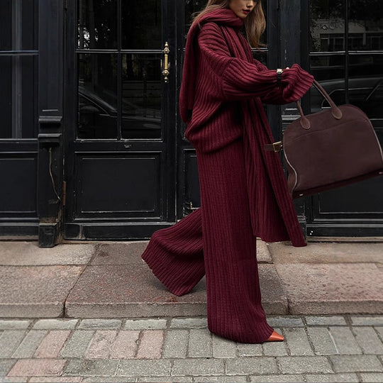 Damen Strickstoff Zweiteiler mit weitem Bein und oversized Oberteil Heidi-Mode