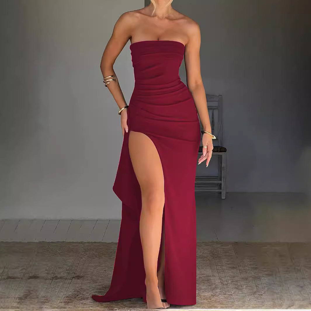 Damen Maxikleid mit trägerlosem Oberteil und elegantem Schlitz Heidi-Mode