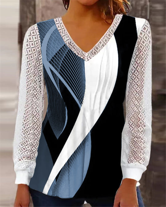Damen modisches Oberteil mit raffinierten Spitzenärmeln und geometrischem Design Heidi-Mode