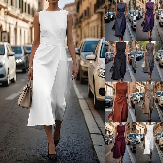 Damen Elegantes und fließendes Maxikleid mit Taillengürtel Heidi-Mode