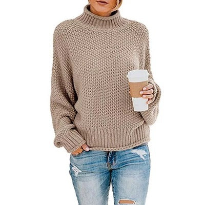 Damen Grobstrick Pullover mit Stehkragen und voluminösen Ärmeln Heidi-Mode