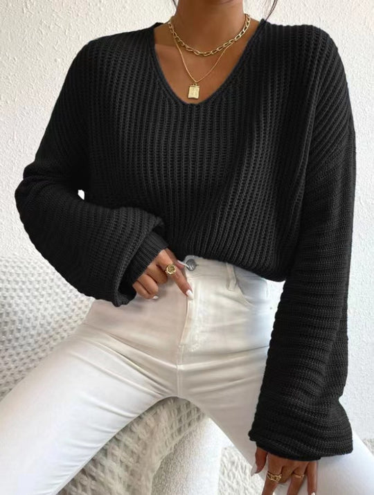 Damen V-Ausschnitt Strickpullover mit weiten Ärmeln Heidi-Mode