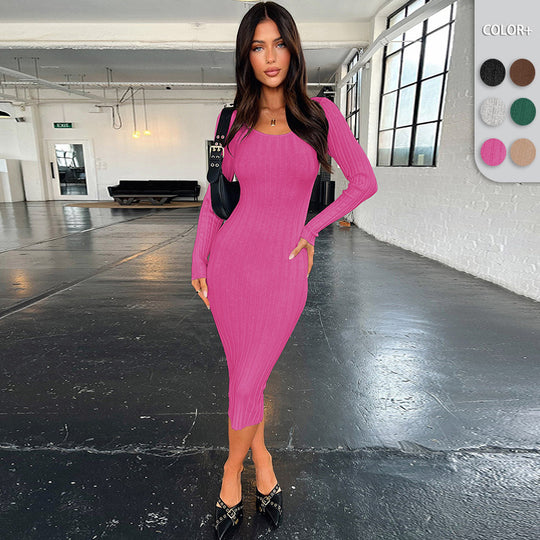 Damen Figurbetontes längeres Strickkleid mit Langarm Heidi-Mode