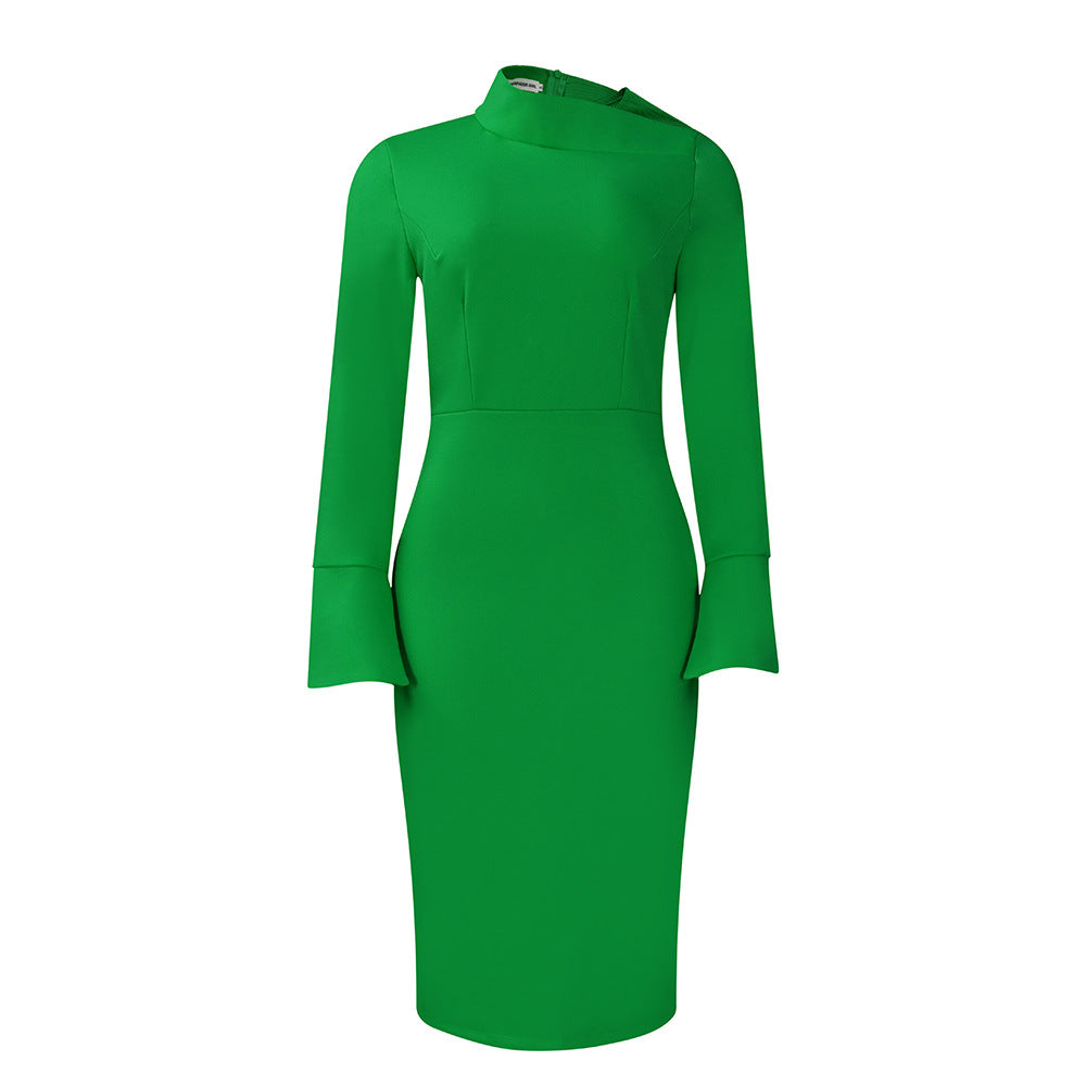 Damen Elegantes Etuikleid mit asymmetrischem Kragen und weitem Ärmel Heidi-Mode