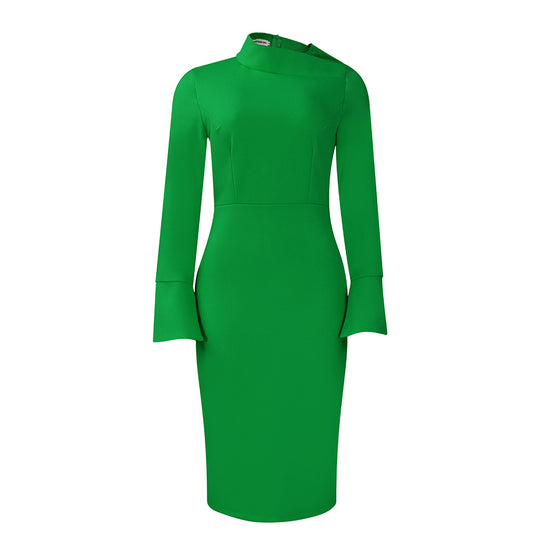 Damen Elegantes Etuikleid mit asymmetrischem Kragen und weitem Ärmel Heidi-Mode