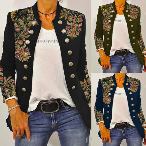 Damen Elegante Blazerjacke mit floralem Stickdesign und kontrastierenden Knöpfen Heidi-Mode